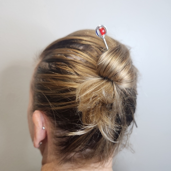 Patriot Pop Stainless Steel Hair Stick, One-of-a-Kind Red White Blue Updo Pin - Picture 3 of 7